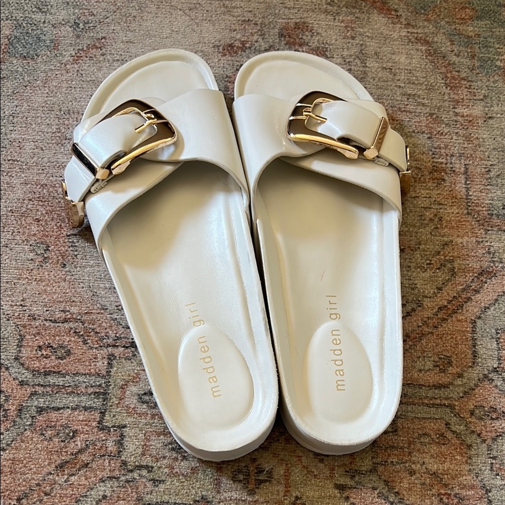 Madden Girl Cream Slide Sandals with Gold Accent